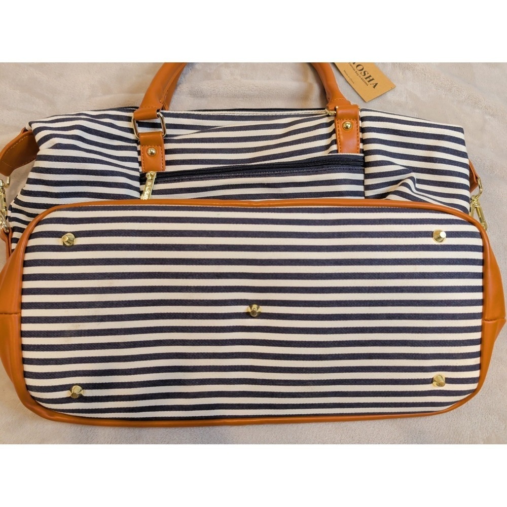 BAOSHA Striped Canvas Weekender Duffel Bag Brown Faux Leather Travel Tote - Picture 7 of 7